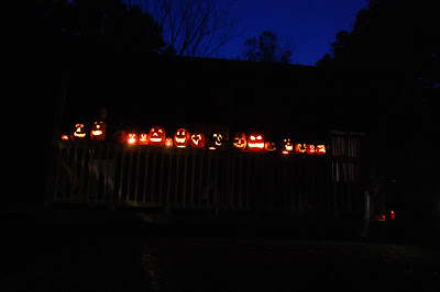 A line of lighted jack-o-lanterns at night.