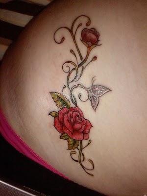 real and good Rose Tattoo With Butterfly girl body.