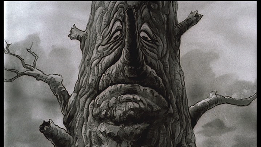  Still image from an anime film of a tree with a face.