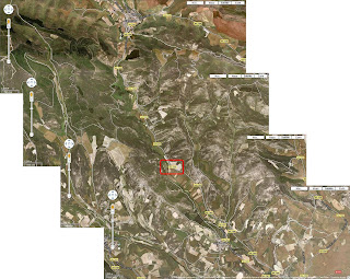 Fotografía por satélite de la carretera entre Armañanzas y Espronceda, señalándose el lugar de la ermita de San Juan