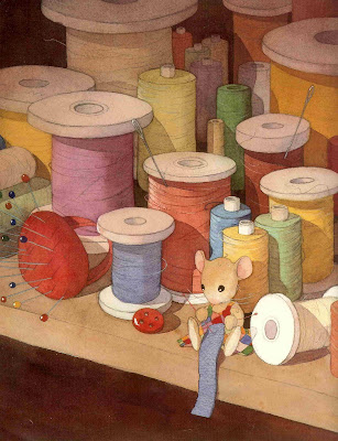 Page from a picture book, showing a mouse knitting in front of a pile of spools of thread.