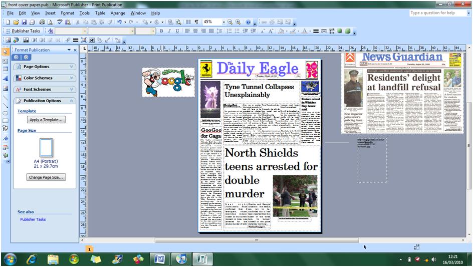 the images above show the progression i made when creating my newspaper pages i had to look at the coventions of papers either the front cover or the