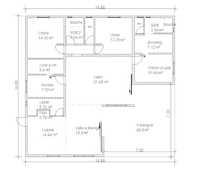 plan de maison 4 chambres salon cuisine douche