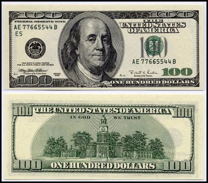 100 dollar bill back and front. Owners of the Silver Dollar