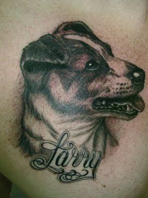 cool memorial tattoo of Larry the jack russe