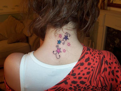 Tiny Butterfly Tattoo On Back Neck With 2 Symbol For Sexy Girl