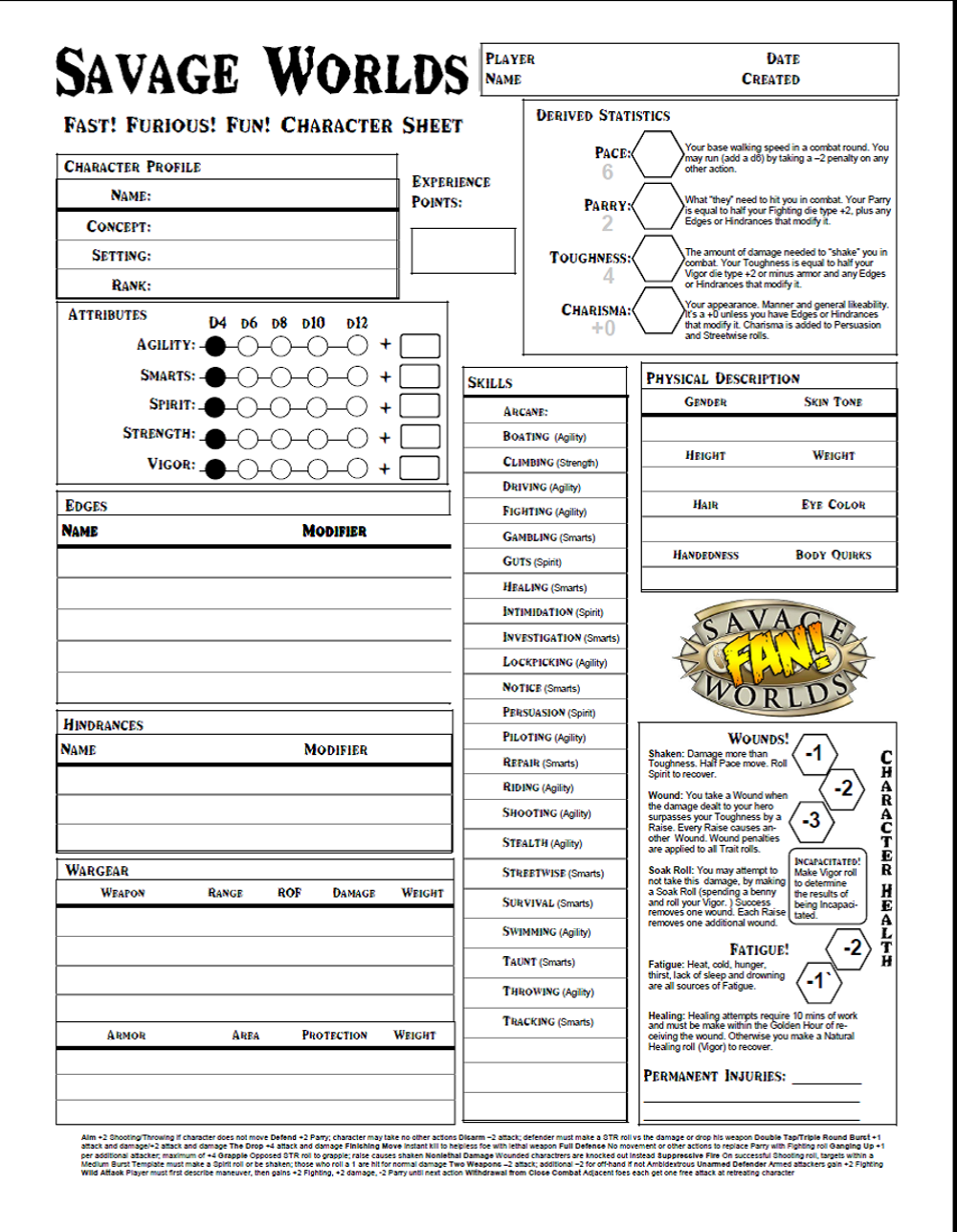 random thoughts senseless pastimes savage worlds character sheet savage world character sheet