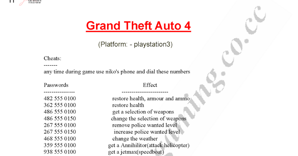 grand theft auto iv cheat codes for playstation 3