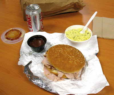 longhorn barbecue turkey sandwich with potato salad
