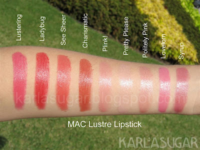 MAC, lipstick, Lustre, swatches, Lustering, Ladybug, See Sheer, Charismatic, Plink!, Pretty Please, Politely Pink, Lovelorn, Syrup