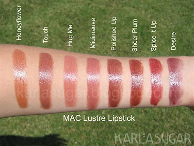 MAC, lipstick, Lustre, swatches, Honeyflower, Touch, Hug Me, Midimauve, Polished Up, Sheer Plum, Spice It Up, Desire