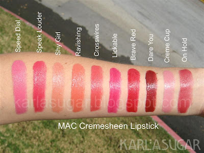 MAC, Cremesheen, lipstick, swatches, Speed Dial, Speak Louder, Shy Girl, Ravishing, Crosswires, Lickable, Brave Red, Dare You, Creme Cup, On Hold