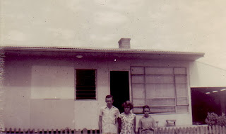 This was what Mum waited for - the dream house. Must have all been a shock to her. There we are: Barry, Julie, Ross - actually Baz, Jools, Rossie-possie