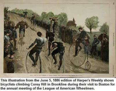 Illustration: Bicyclists climb Corey Hill during their visit to Boston for the annual meeting of the League of American Wheelmen. From Harper's Weekly, June 5, 1886