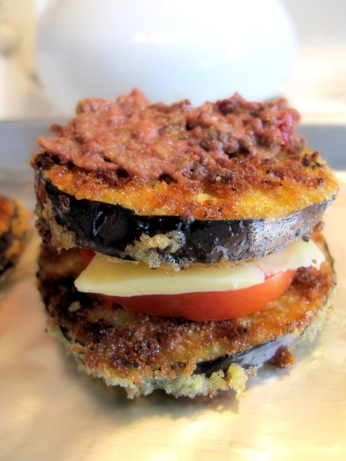 Cheese us, Christ! panko crusted eggplant stacks with red wax gouda