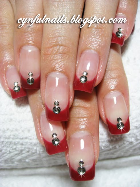 Red french with black diamonds. Gel overlay on natural nails. French design
