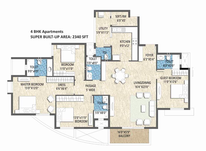 Purva Skywood Floor Plan  4BHK  2340 SFT :
