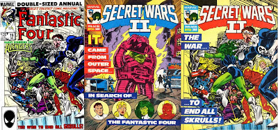 The Fantastic Four and the Avengers, smashing their skrulls