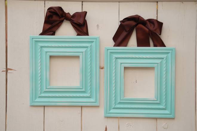 Beautiful Robin's Egg Blue 5 x 5 wood moulding with chocolate brown ribbon for hanging