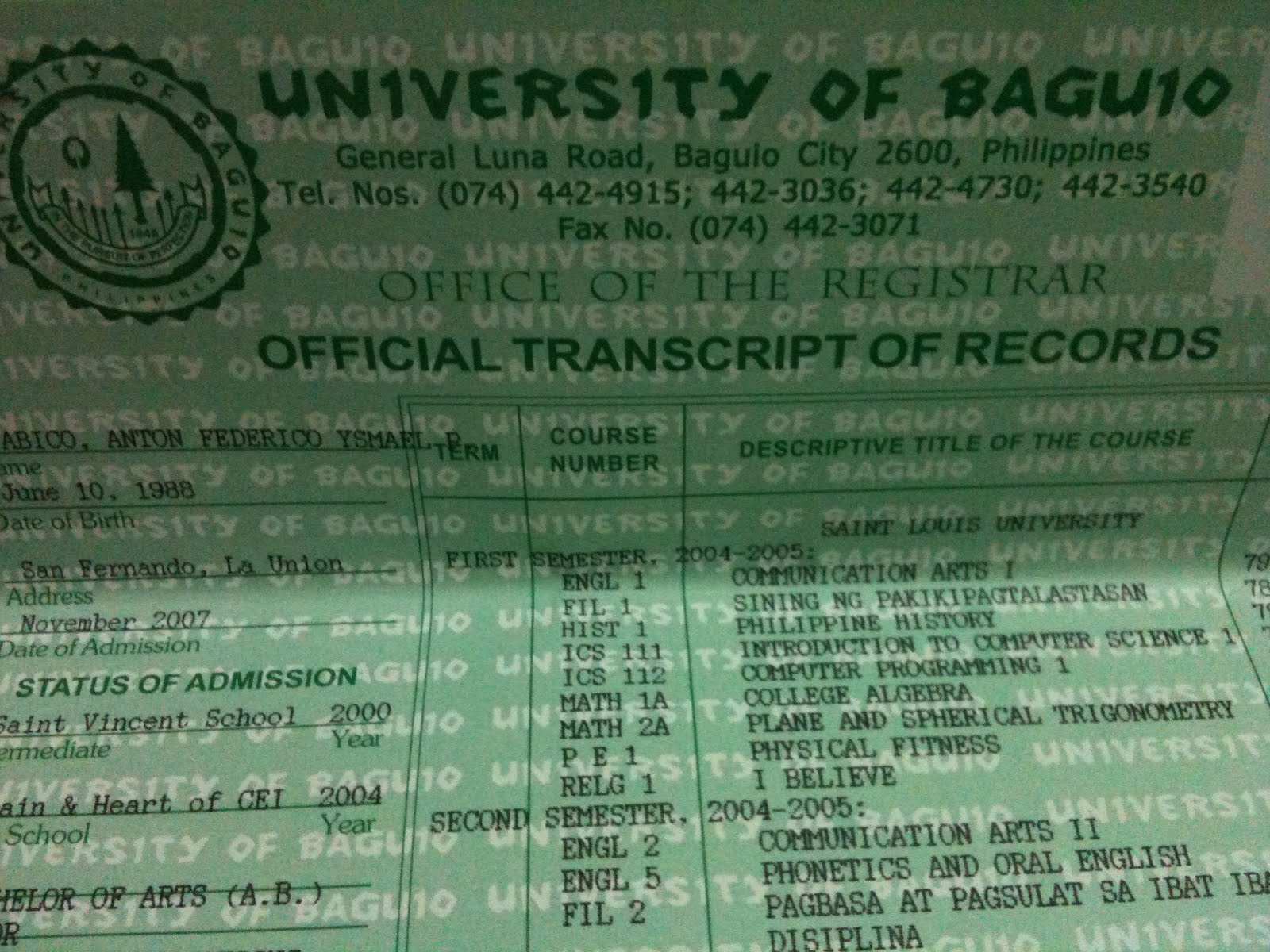 Adams Finally got my Official Transcript of Records