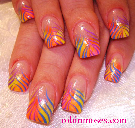 neon zebra print nail art, zebra nail art, neon rainbow zebra nail art,