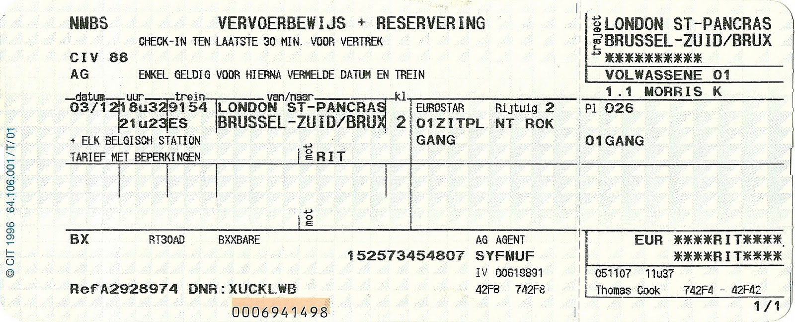 The traveler's drawer NMBS. Eurostar railway ticket London StPancras
