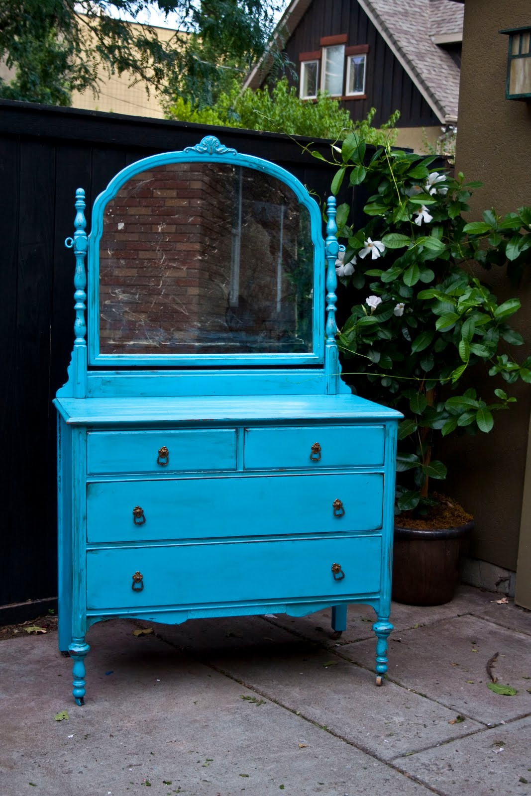 Modernly Shabby Chic Furniture Electric Blue Dresser w/ Mirror