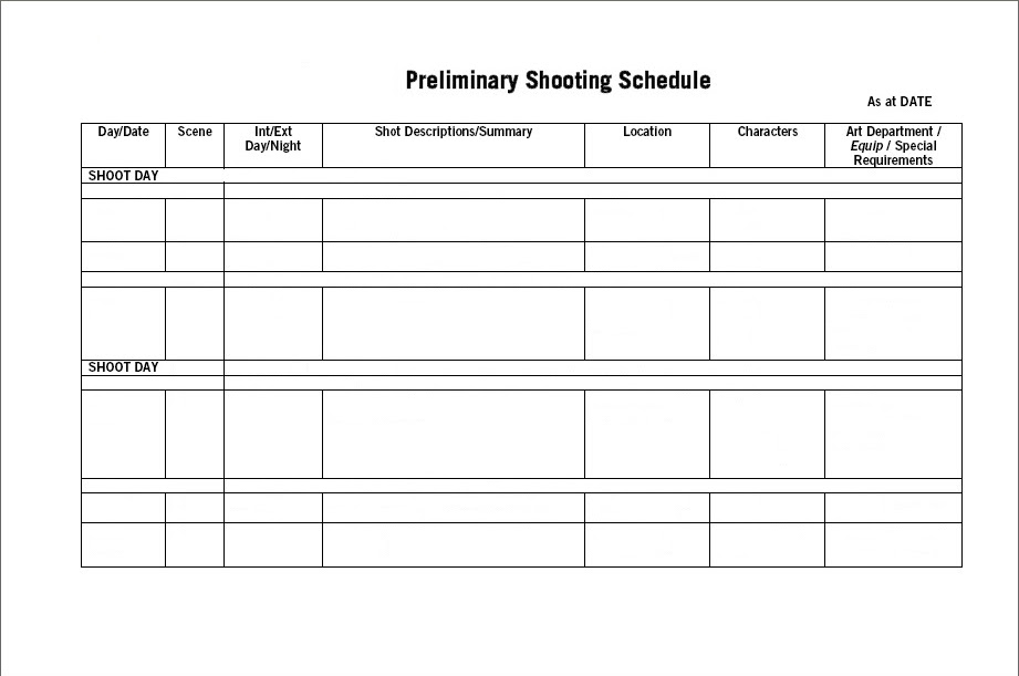 film production shooting schedule template