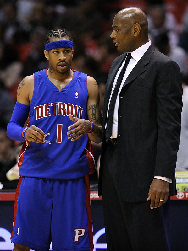ALLEN IVERSON AND PISTONS COACH MICHAEL CURRY