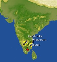 Vi skal være i staten Tamil Nadu i Byen Madurai (markeret med rød prik)