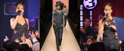 rihanna in demim jumpsuit with cone bra by jean paul gaultier