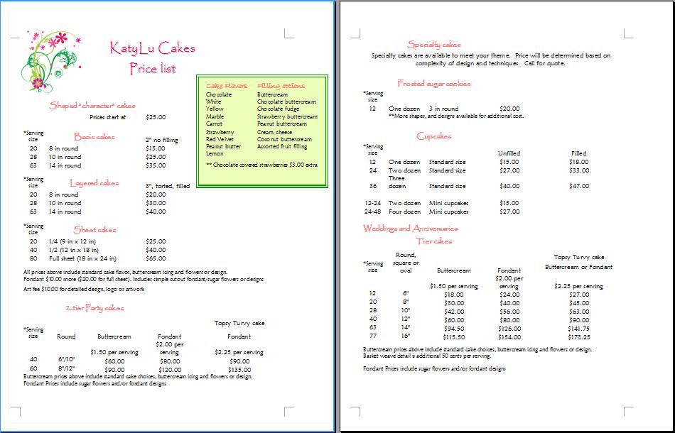 KatyLu Cakes Price List