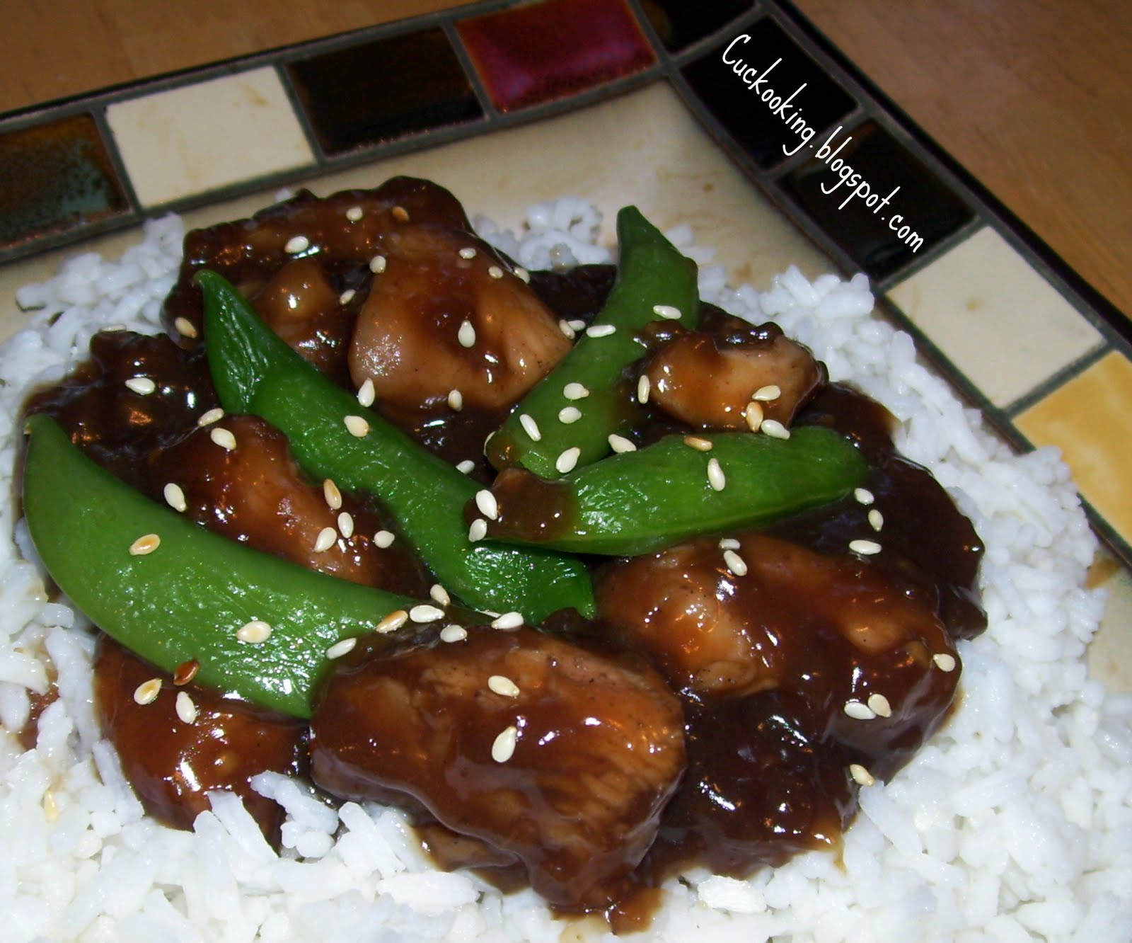 Cooking Creation Sesame Chicken and Sugar Snap Peas over Rice