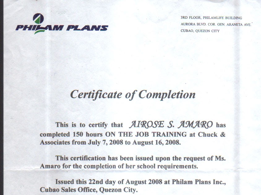 my on the job training the certificate of on the job training certificate of completion
