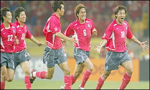 Hwang (18) celebrates his goal against Poland at the 2002 World Cup