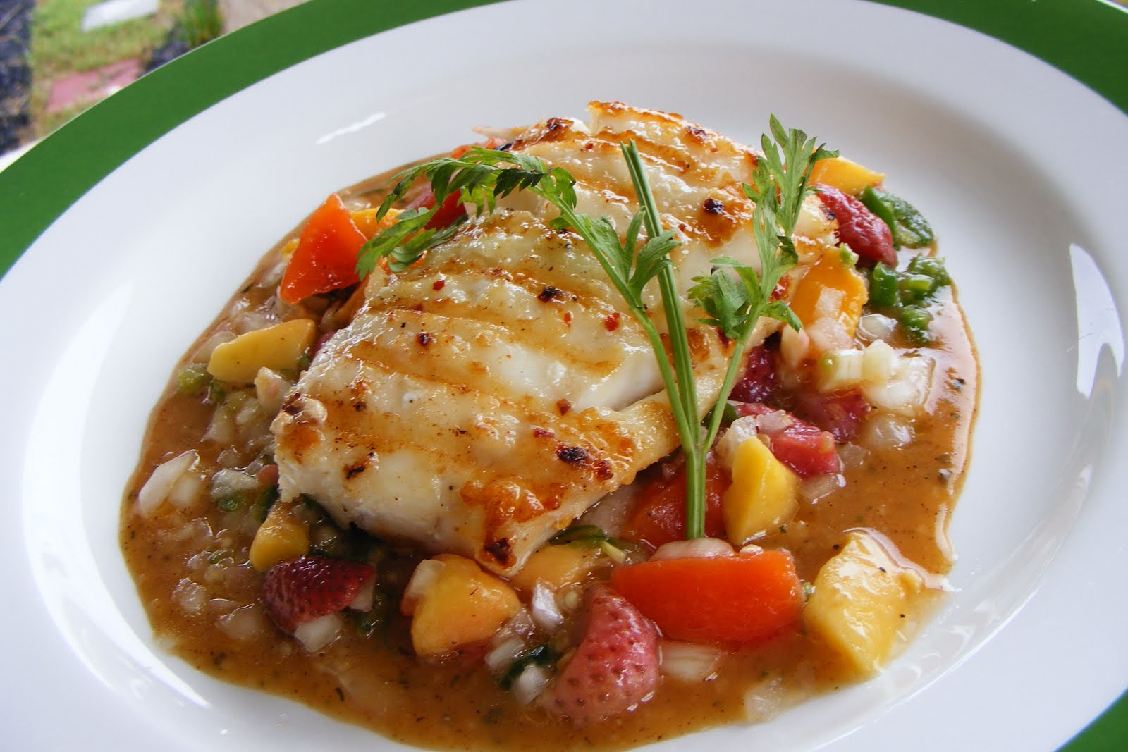 Food and lens Grilled Halibut On Fruit Salsa And Spicy Chipotle Sauce