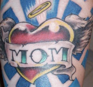 Halo Mom tattoo with blue background.