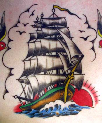 Bright old ship tattoo artwork.