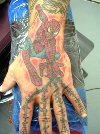 Spider-man cartoon web fingers hand hand tattoo.