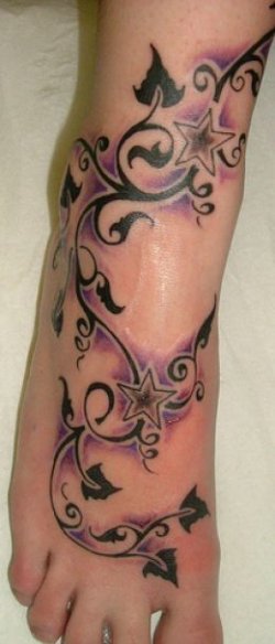 Stars and vine foot tattoo idea for girls.