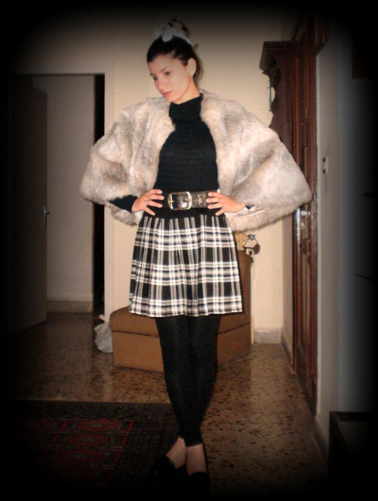 wearing this amazing heather gray faux fur cape along with black and