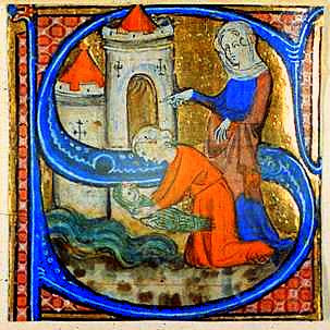 A capital S contains a miniature of Moses being found by the Pharaoh's daughter. Friom folio 6r from the Breviary of Chertsey Abbey, a 14th century illuminated manuscript.