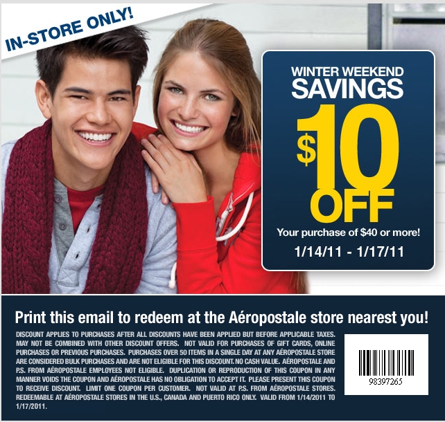 Canadian Daily Deals Aeropostale 10 Off 40 Printable Instore