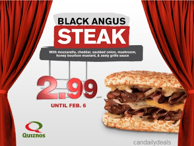 Quiznos Canada has a special price on their Black Angus Steak sandwich on Quiznos Canada has a special price on their Black Angus Steak sandwich on