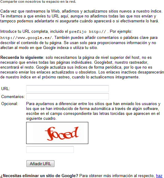 Tras incluir la dirección anterior, accederás a esta página. Incluye los datos de tu sitio web en cada apartado