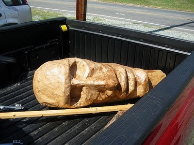 easter island puppet head in truck