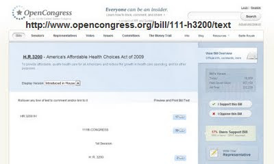 Open Congress.org copy of the Health Care Act of 2009 Bill