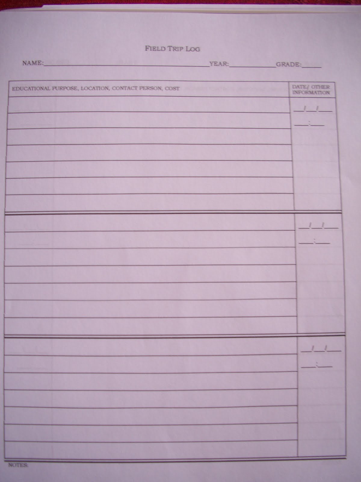 trip log sheet
