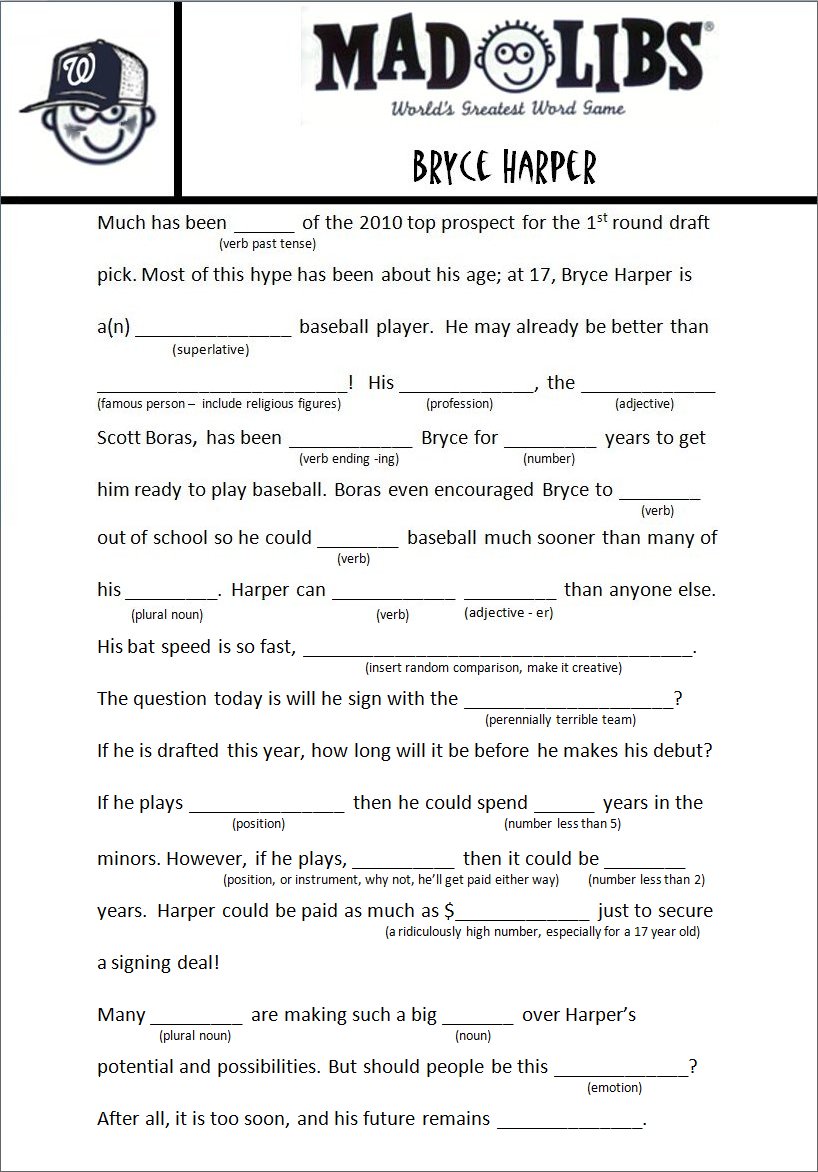 worksheet Mad Lib Worksheets more hardball mad libs bryce harper harper
