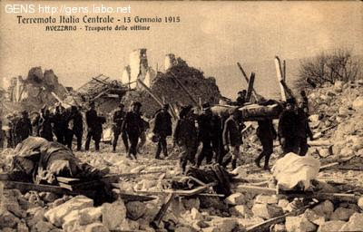 TERREMOTO ITALIA CENTRALE - 13 GENNAIO 1915 TRASPORTO DELLE VITTIME